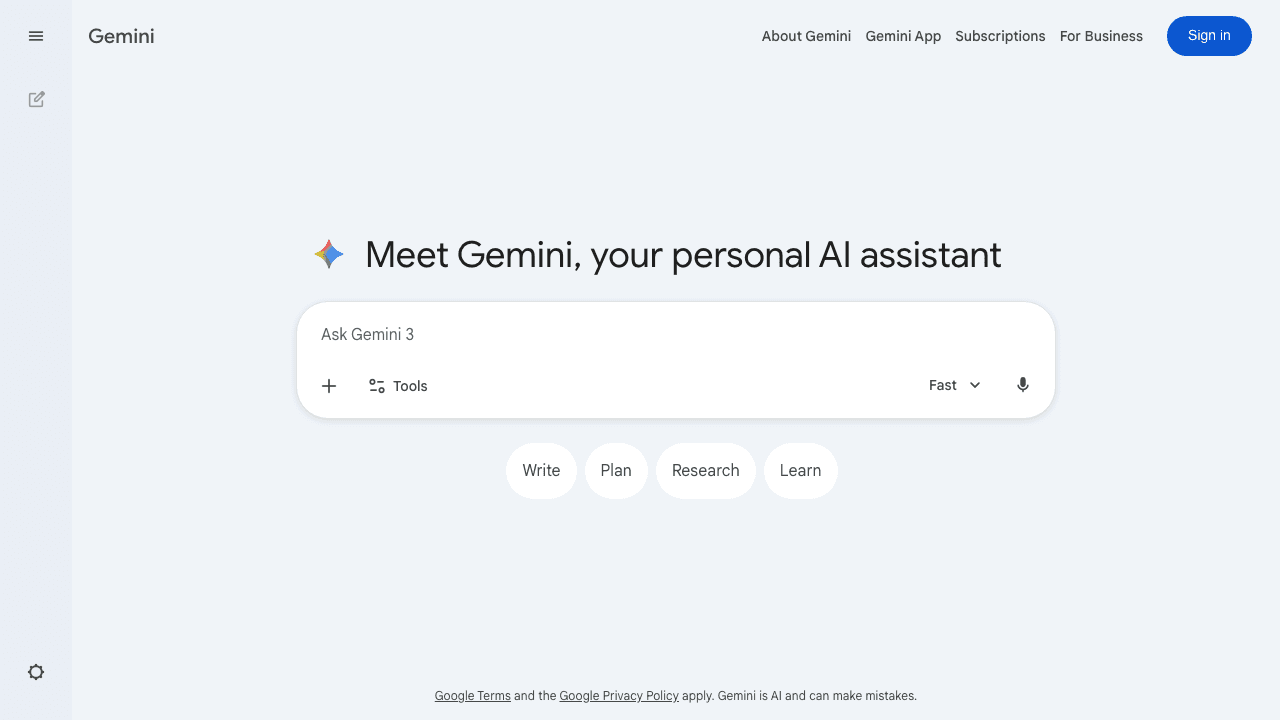 Google Gemini landing page