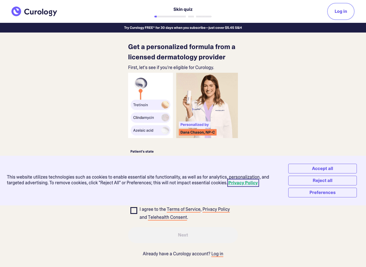 Curology landing page